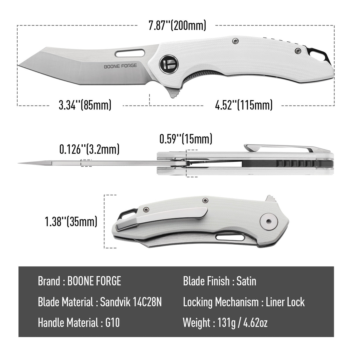BOONEFORGE Sentinel Premium EDC Flipper & Thumb hole knife ( 3.34'' Satin Sandvik 14C28N Blade & White G10 Handle ) - BF904