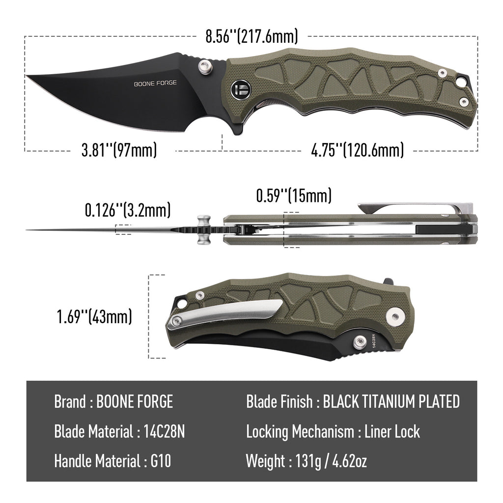 BOONEFORGE Ironstrider Premium EDC Fliper & Thumb Stud knife(3.81'' Black Titanium Plated 14C28N Blade & Army green G10 Handle ) - BF013A