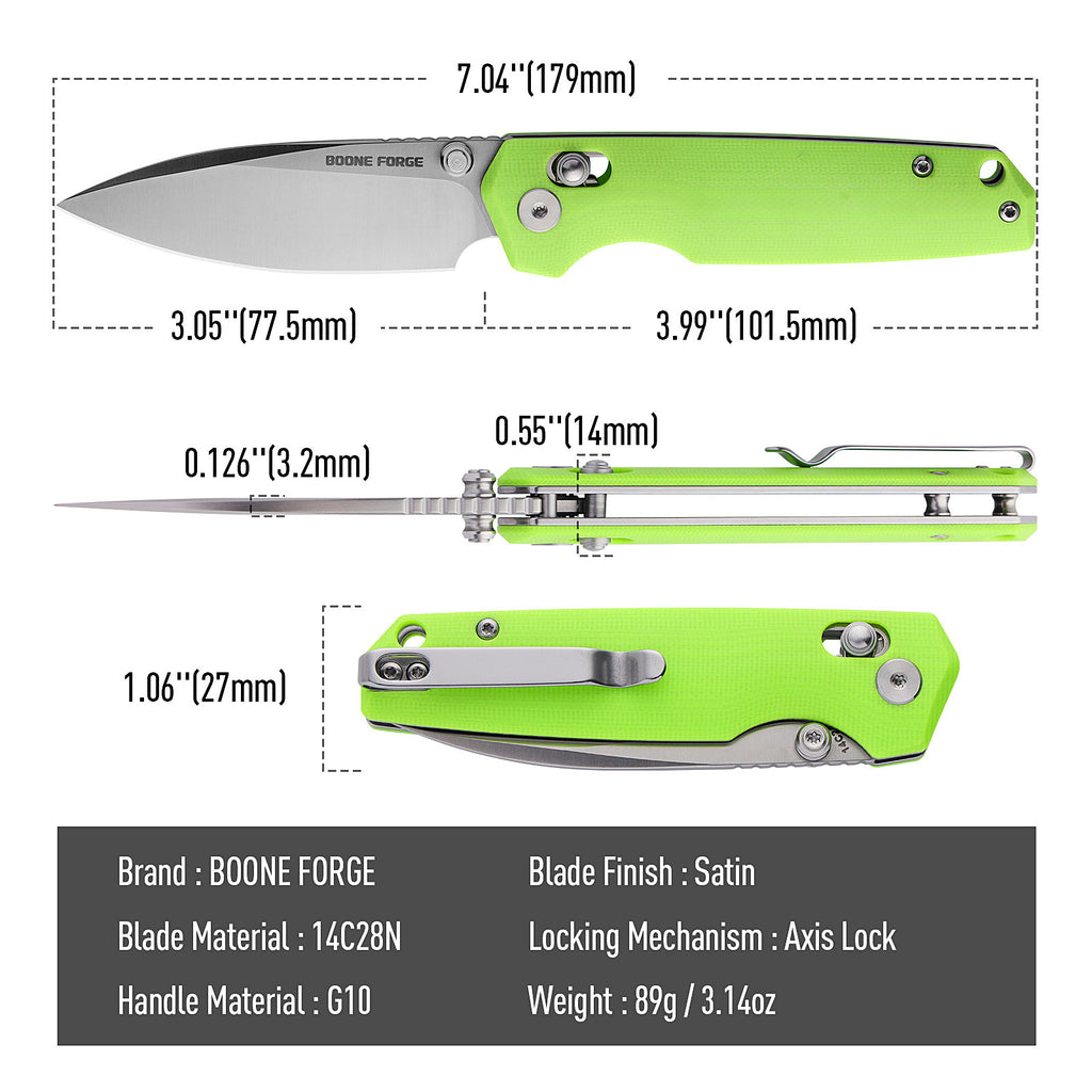 BOONEFORGE Darkedge Premium EDC Crossbar knife ( 3.05'' Satin 14C28N Blade & Fluorescent green G10 Handle ) - BF900
