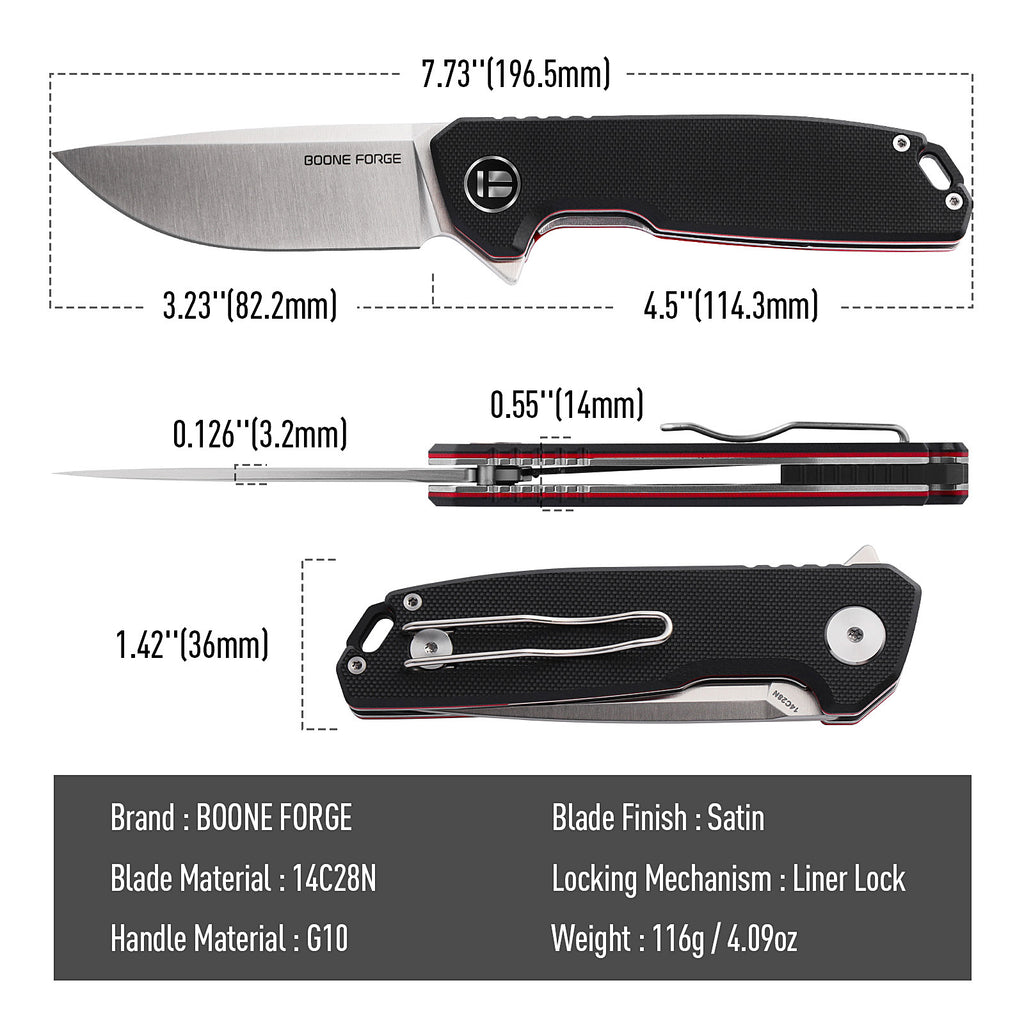 BOONEFORGE Steelwrath Premium EDC Flipper knife  ( 3.23'' Satin 14C28N Blade & Black G10 Handle) - BF010