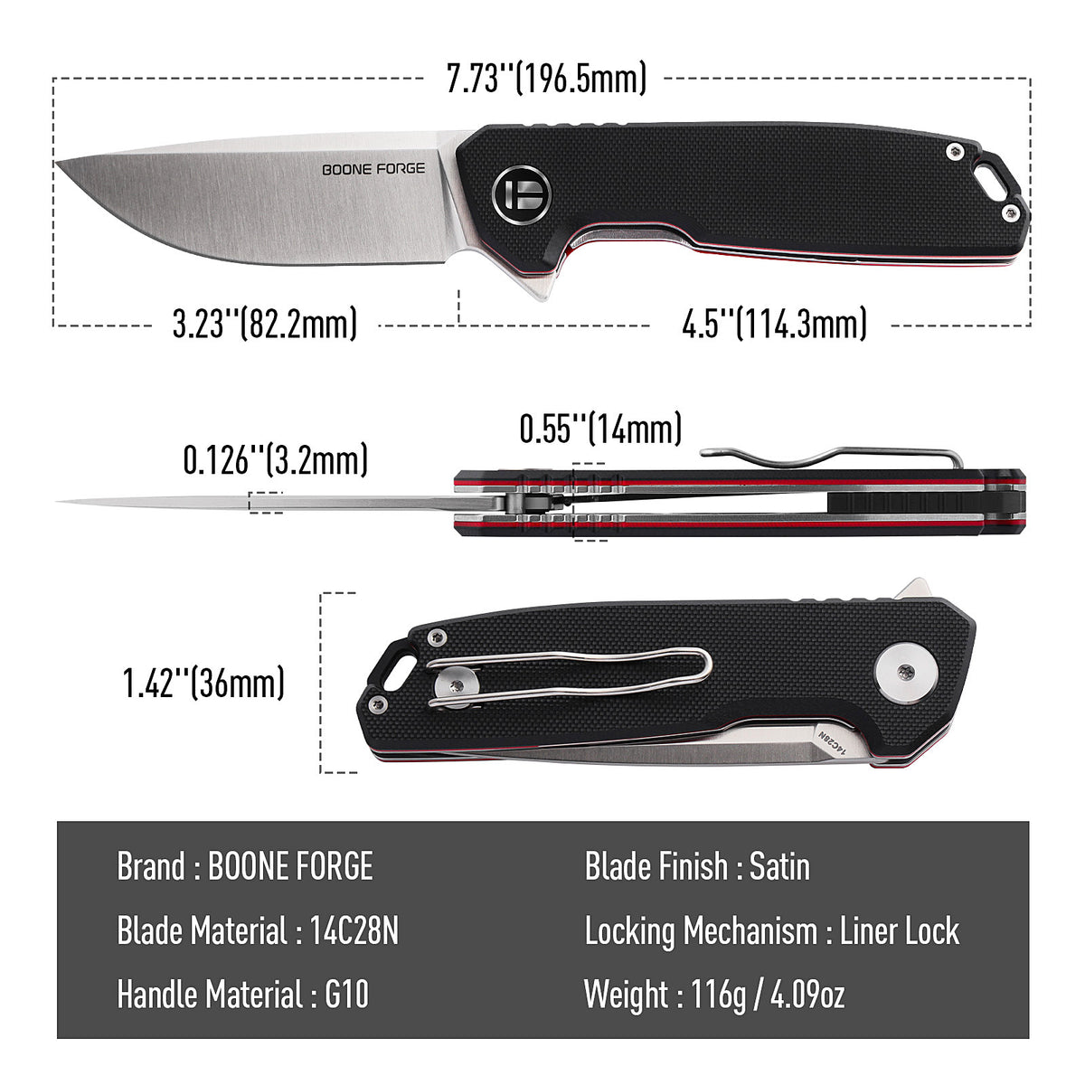 BOONEFORGE Steelwrath Premium EDC Flipper knife  ( 3.23'' Satin 14C28N Blade & Black G10 Handle) - BF010
