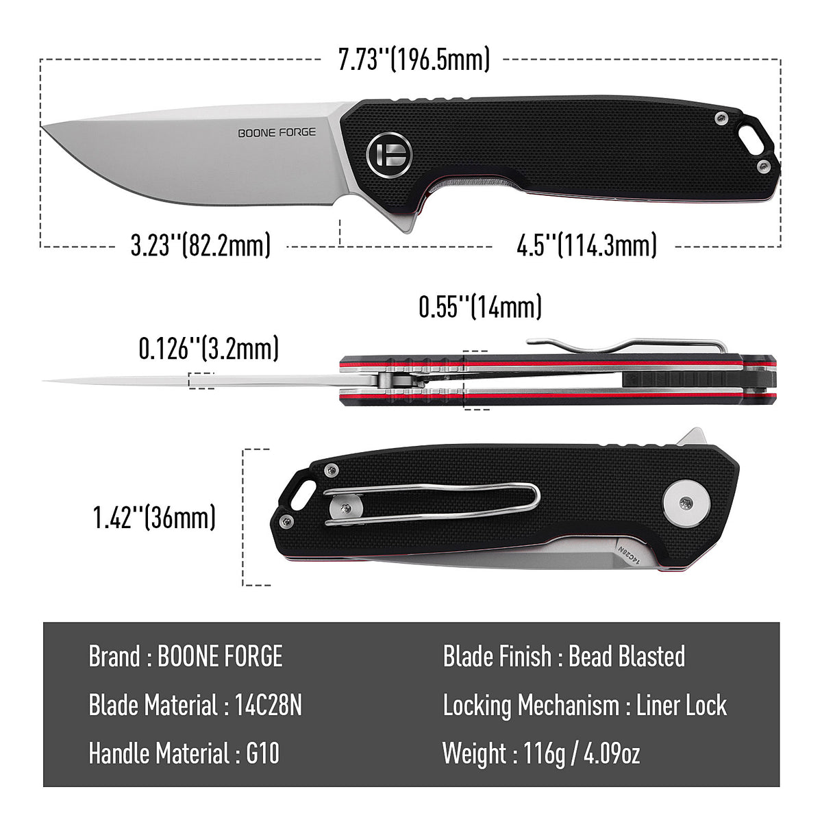 BOONEFORGE Steelwrath Premium EDC Flipper knife ( 3.23'' Bead Blasted 14C28N Blade & Black G10 Handle) - BF010