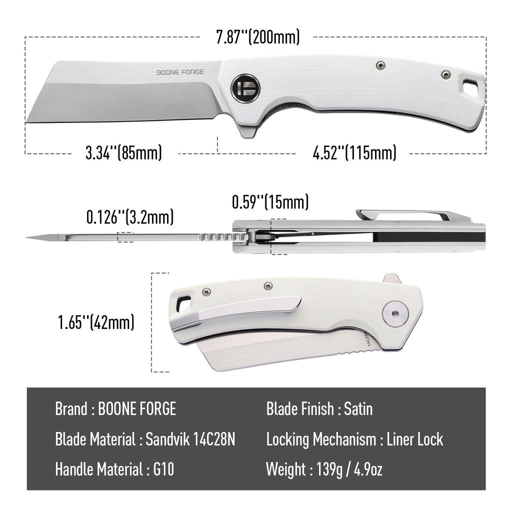 BOONEFORGE Breaker Premium EDC Flipper knife ( 3.34'' Satin Sandvik 14C28N Blade & White G10 Handle ) - BF903