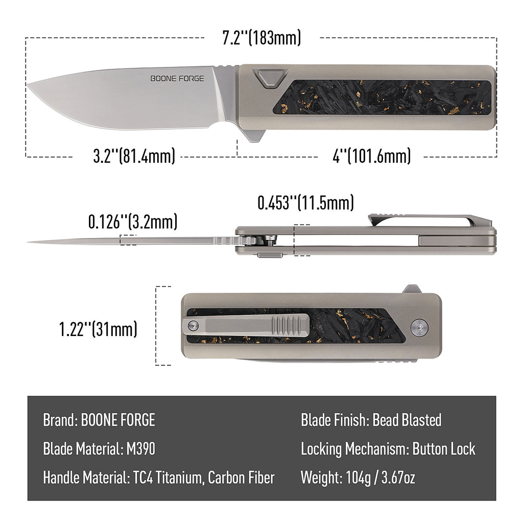 [PRE‑ORDER]BOONEFORGE Wastelander Premium EDC Button lock & Flipper knife (3.2" Bead Blasted M390 Blade & TC4 Titanium Handle/Carbon Fiber ) - BF001