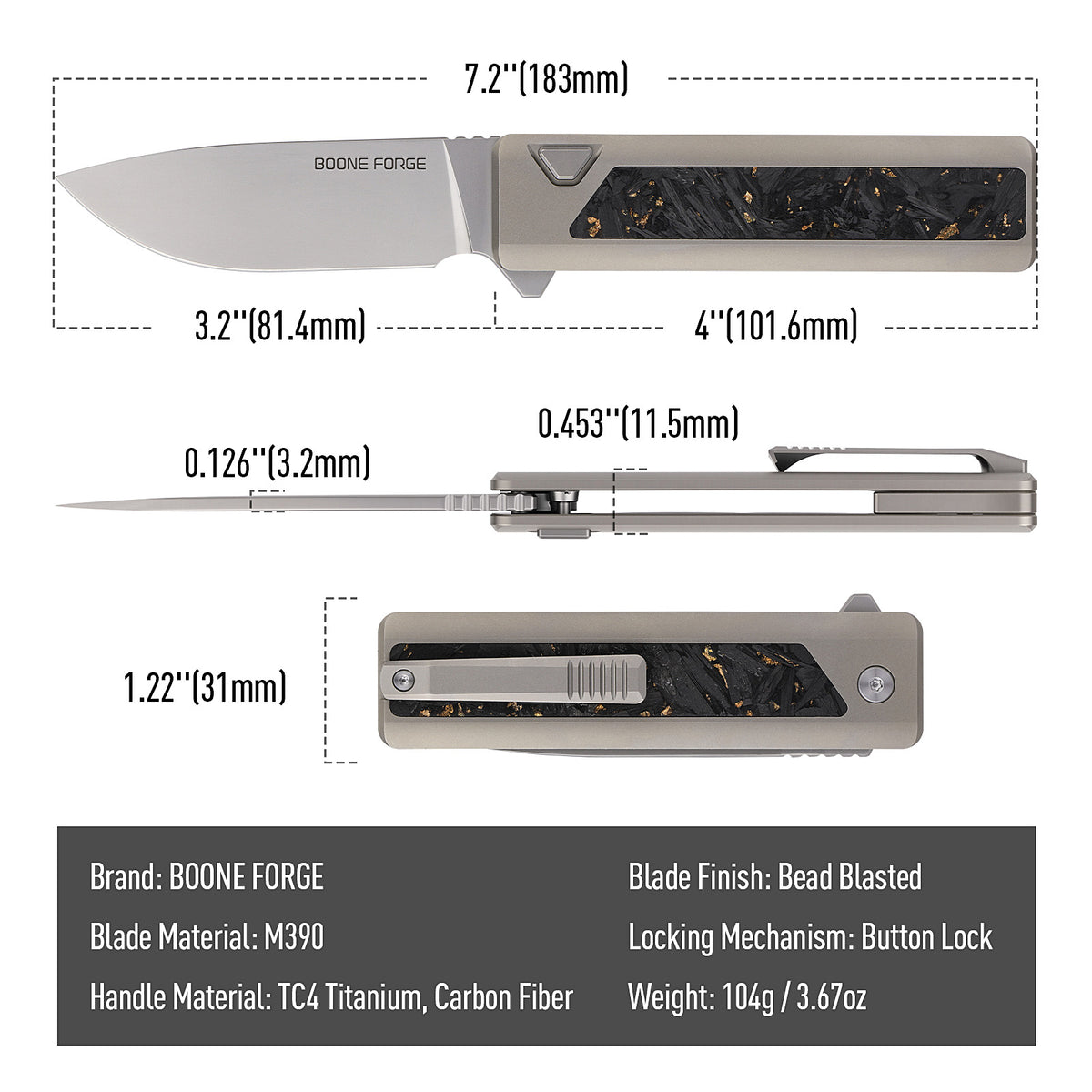 [PRE‑ORDER]BOONEFORGE Wastelander Premium EDC Button lock & Flipper knife (3.2" Bead Blasted M390 Blade & TC4 Titanium Handle/Carbon Fiber ) - BF001