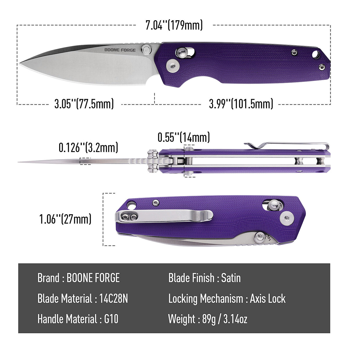 BOONEFORGE Darkedge Premium EDC Crossbar knife ( 3.05'' Satin 14C28N Blade & Purple G10 Handle ) - BF900