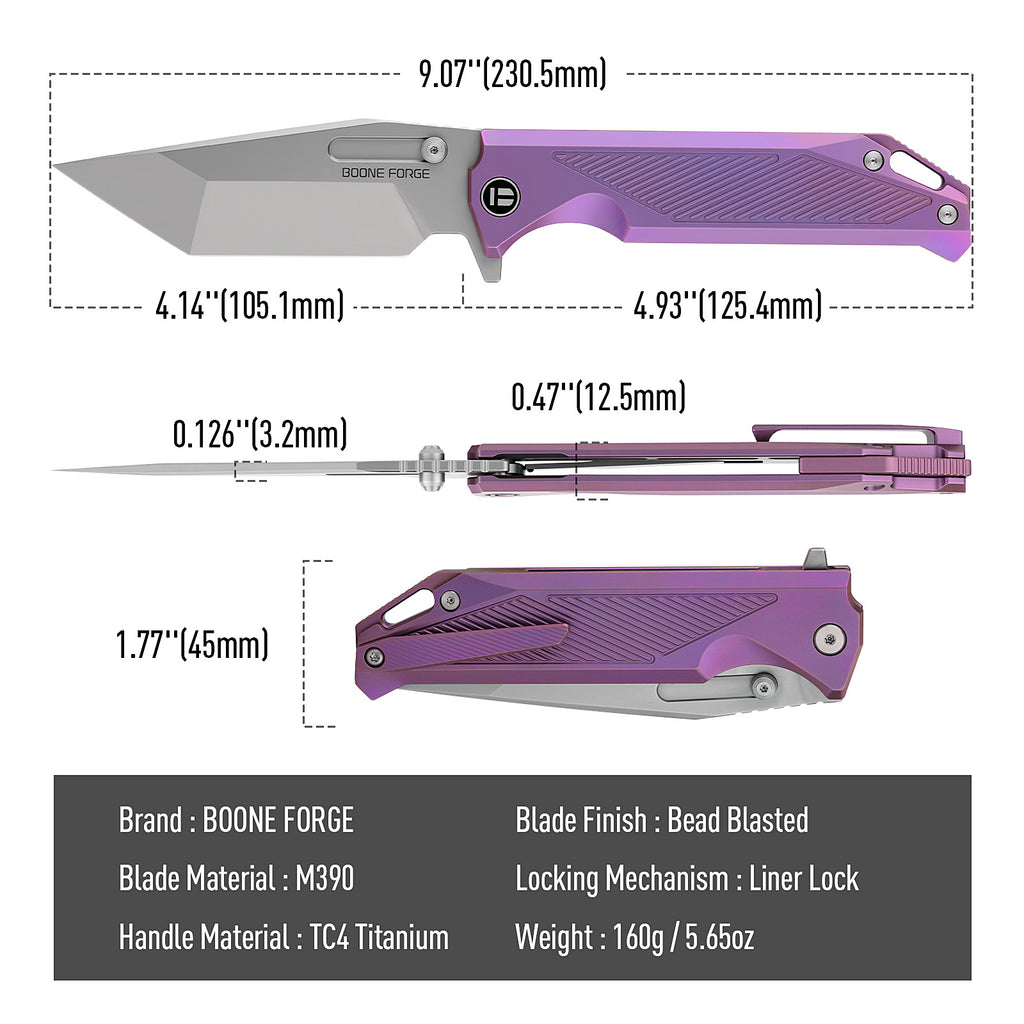 [PRE‑ORDER]BOONEFORGE Razorclaw Premium EDC Fliper & Thumb Stud knife(4.14'' Bead Blasted M390 Blade & Purple TC4 Titanium ) - BF014