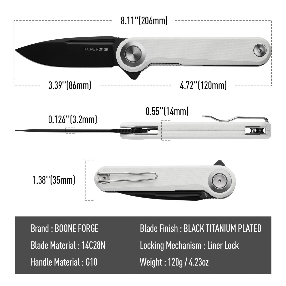 BOONEFORGE Ironjudge Premium EDC Flipper knife ( 3.39'' Black Titanium Plated 14C28N Blade & White G10 Handle ) - BF905