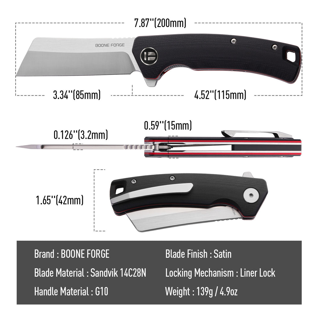 BOONEFORGE Breaker Premium EDC Flipper knife ( 3.34'' Satin Sandvik 14C28N Blade & Black G10 Handle ) - BF903