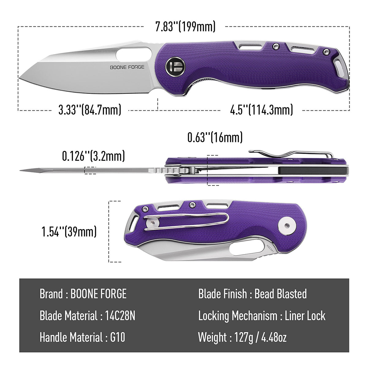 BOONEFORGE Warmark Premium EDC Manual thumb knife ( 3.33'' Bead Blasted 14C28N Blade & Purple G10 Handle) - BF009