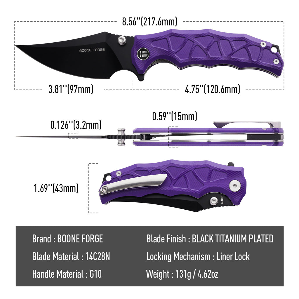 BOONEFORGE Ironstrider Premium EDC Fliper & Thumb Stud knife(3.81'' Black Titanium Plated 14C28N Blade & Purple G10 Handle ) - BF013A