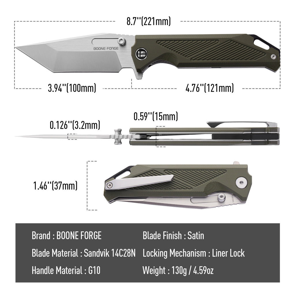 BOONEFORGE Blackshield Premium EDC Flipper & Thumb Stud knife ( 3.94'' Satin Sandvik 14C28N Blade & Army green G10 Handle ) - BF014A