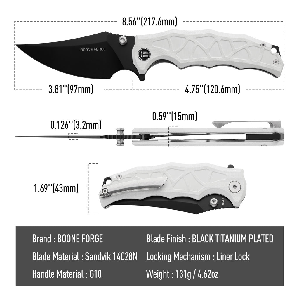 BOONEFORGE Ironstrider Premium EDC Fliper & Thumb Stud knife(3.81'' Black Titanium Plated Sandvik 14C28N Blade & White G10 Handle ) - BF013A