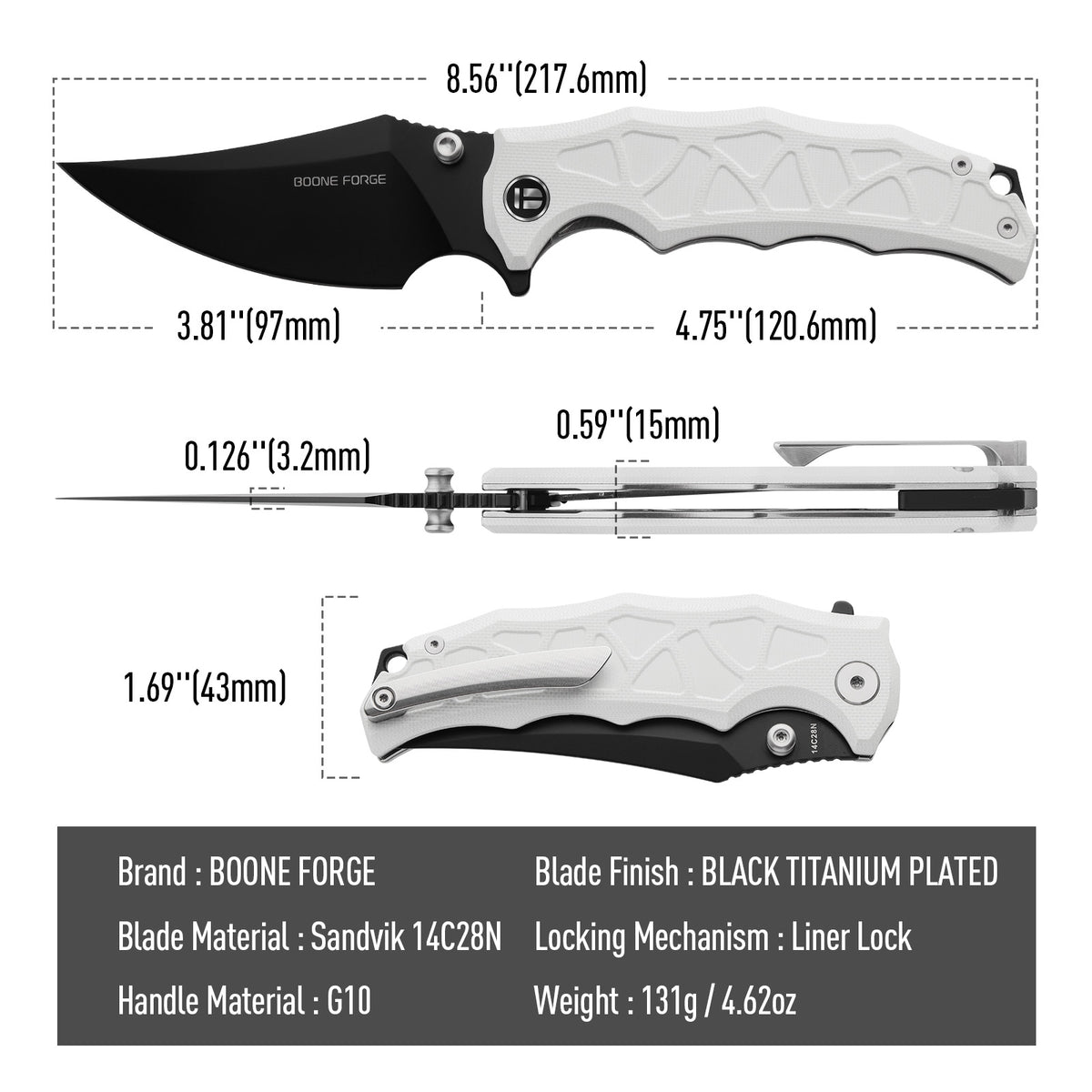 BOONEFORGE Ironstrider Premium EDC Fliper & Thumb Stud knife(3.81'' Black Titanium Plated Sandvik 14C28N Blade & White G10 Handle ) - BF013A