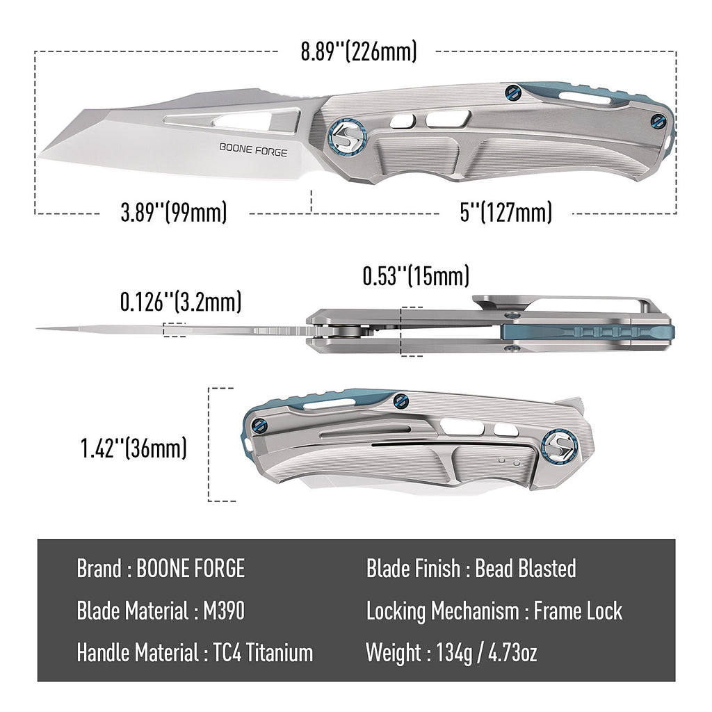 [PRE‑ORDER]BOONEFORGE Reaper Premium EDC Flipper knife  ( 3.43'' Bead Blasted M390 Blade & Grey TC4 Titanium Handle ) - BF070