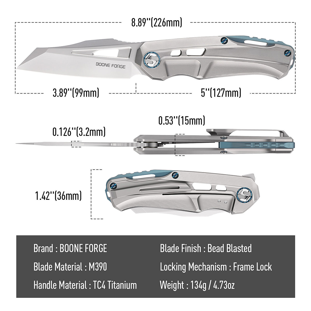[PRE‑ORDER]BOONEFORGE Reaper Premium EDC Flipper knife  ( 3.43'' Bead Blasted M390 Blade & Grey TC4 Titanium Handle ) - BF070