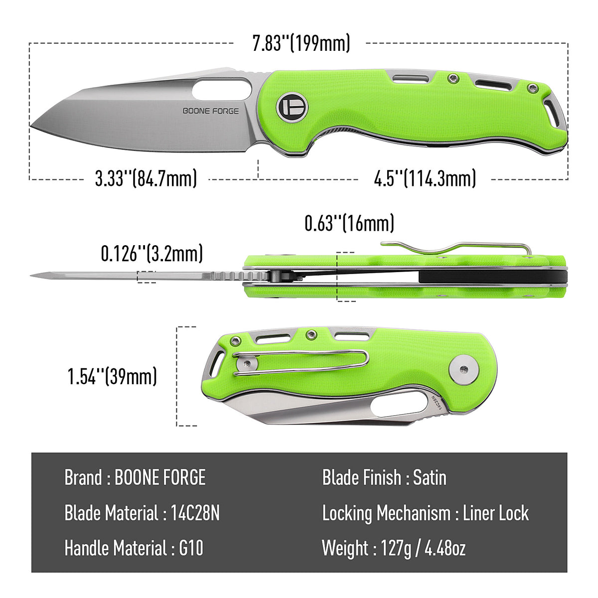 BOONEFORGE Warmark Premium EDC Manual thumb knife ( 3.33'' Satin 14C28N Blade & Fluorescent green G10 Handle) - BF009
