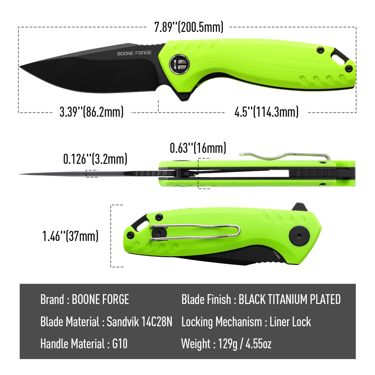 BOONEFORGE Nightvein Premium EDC Flipper knife (3.39'' Black Titanium Plated Sandvik 14C28N Blade & Neon Green G10 Handle) - BF011