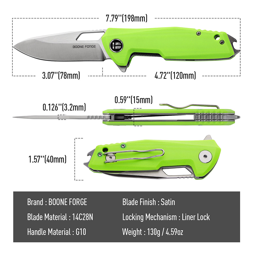 BOONEFORGE Berserker Premium EDC Flipper & Thumb hole knife( 3.07'' Satin 14C28N Blade & Fluorescent green G10 Handle ) - BF072
