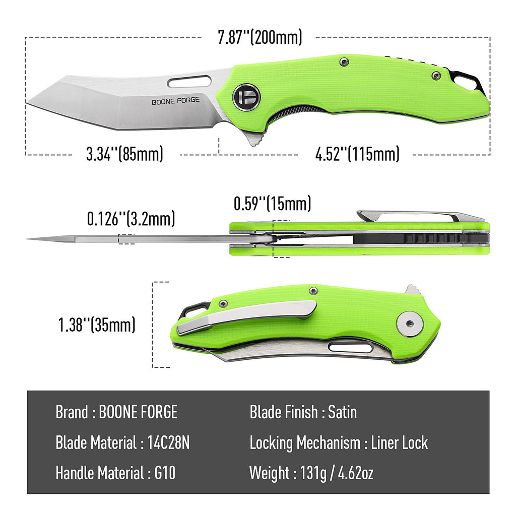 BOONEFORGE Sentinel Premium EDC Flipper & Thumb hole knife ( 3.34'' Satin 14C28N Blade & Fluorescent green G10 Handle ) - BF904