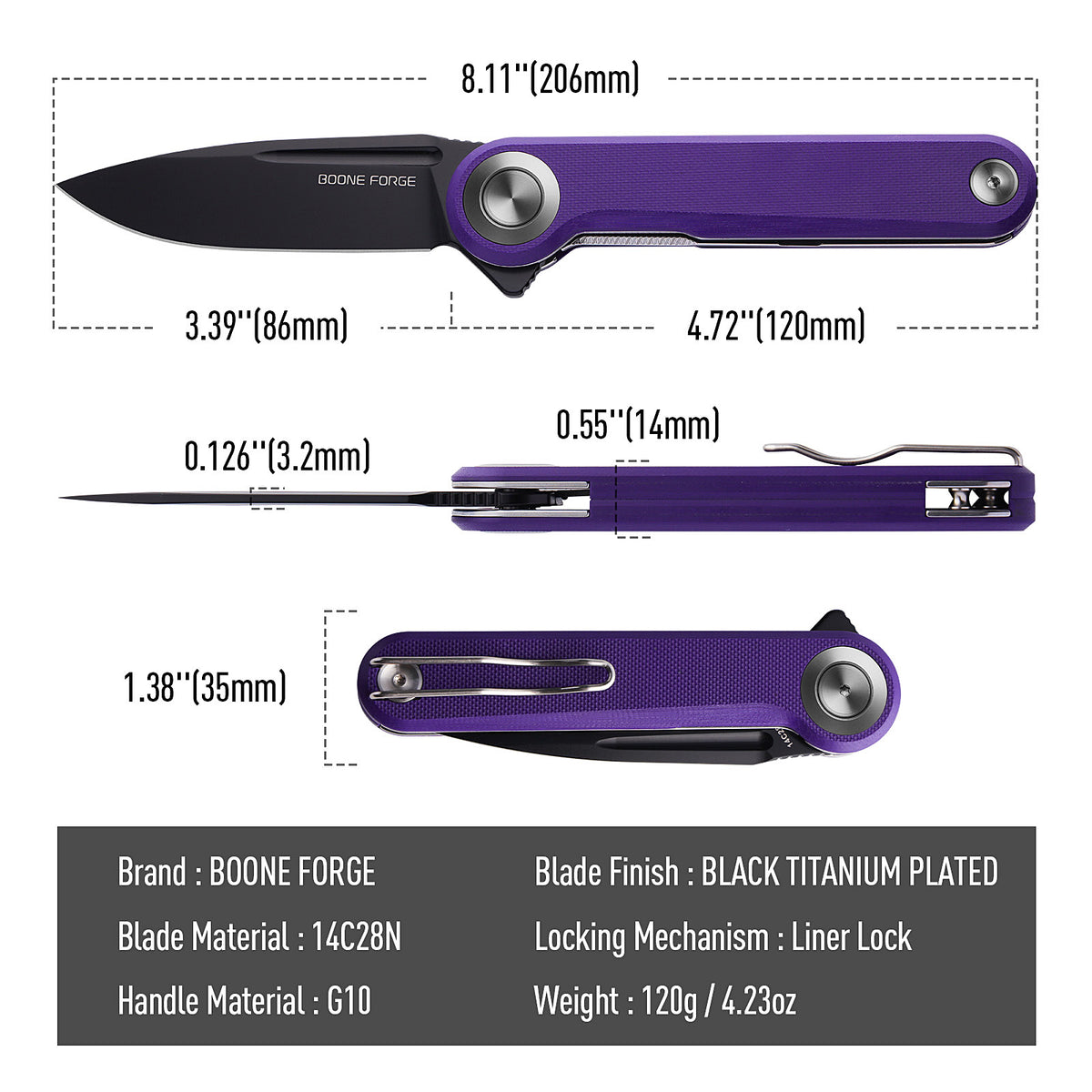 BOONEFORGE Ironjudge Premium EDC Flipper knife ( 3.39'' Black Titanium Plated 14C28N Blade & Purple G10 Handle ) - BF905