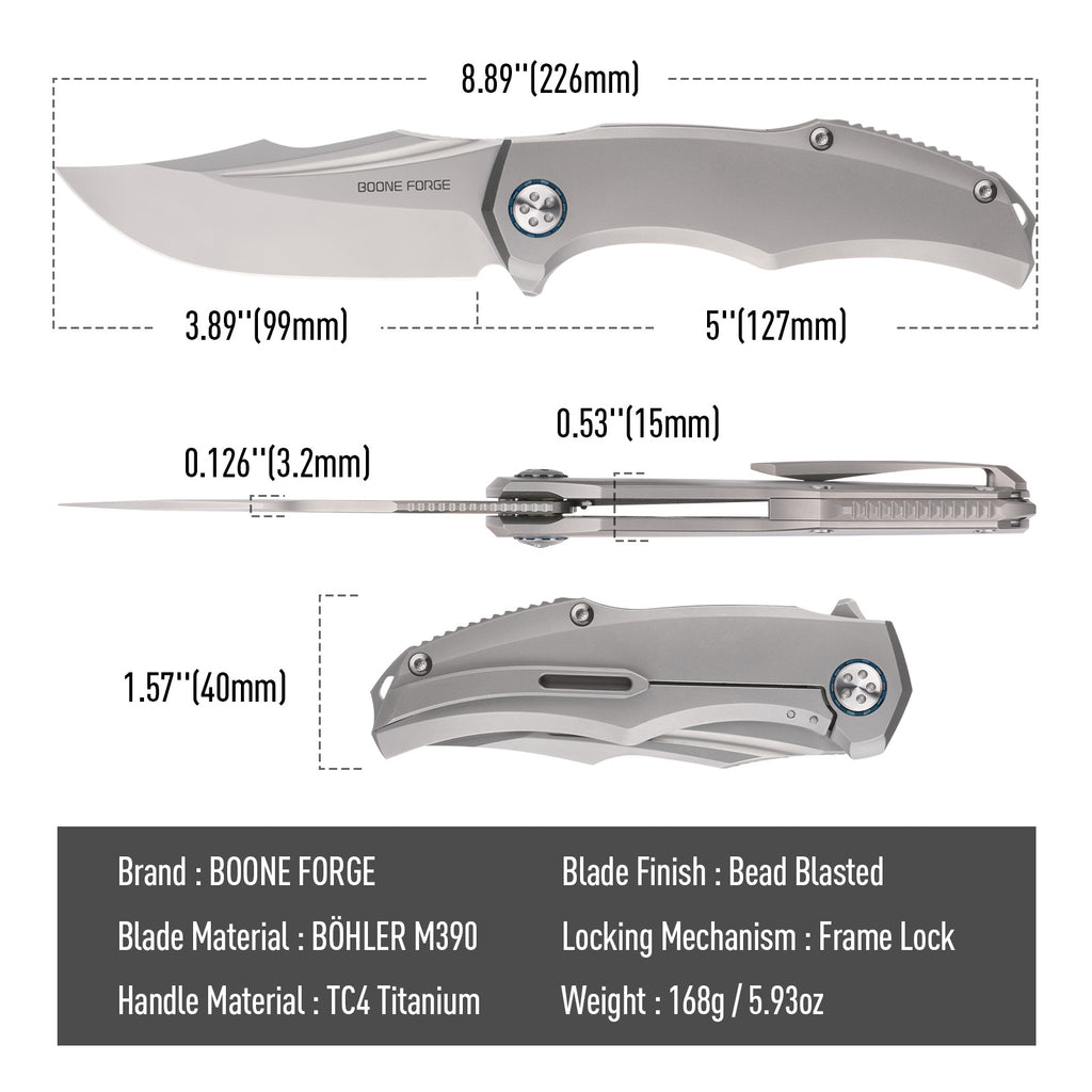 BOONEFORGE Doomsday Premium EDC Flipper knife ( 3.89'' Bead Blasted BÖHLER M390 Blade & Grey TC4 Titanium Handle ) - BF069