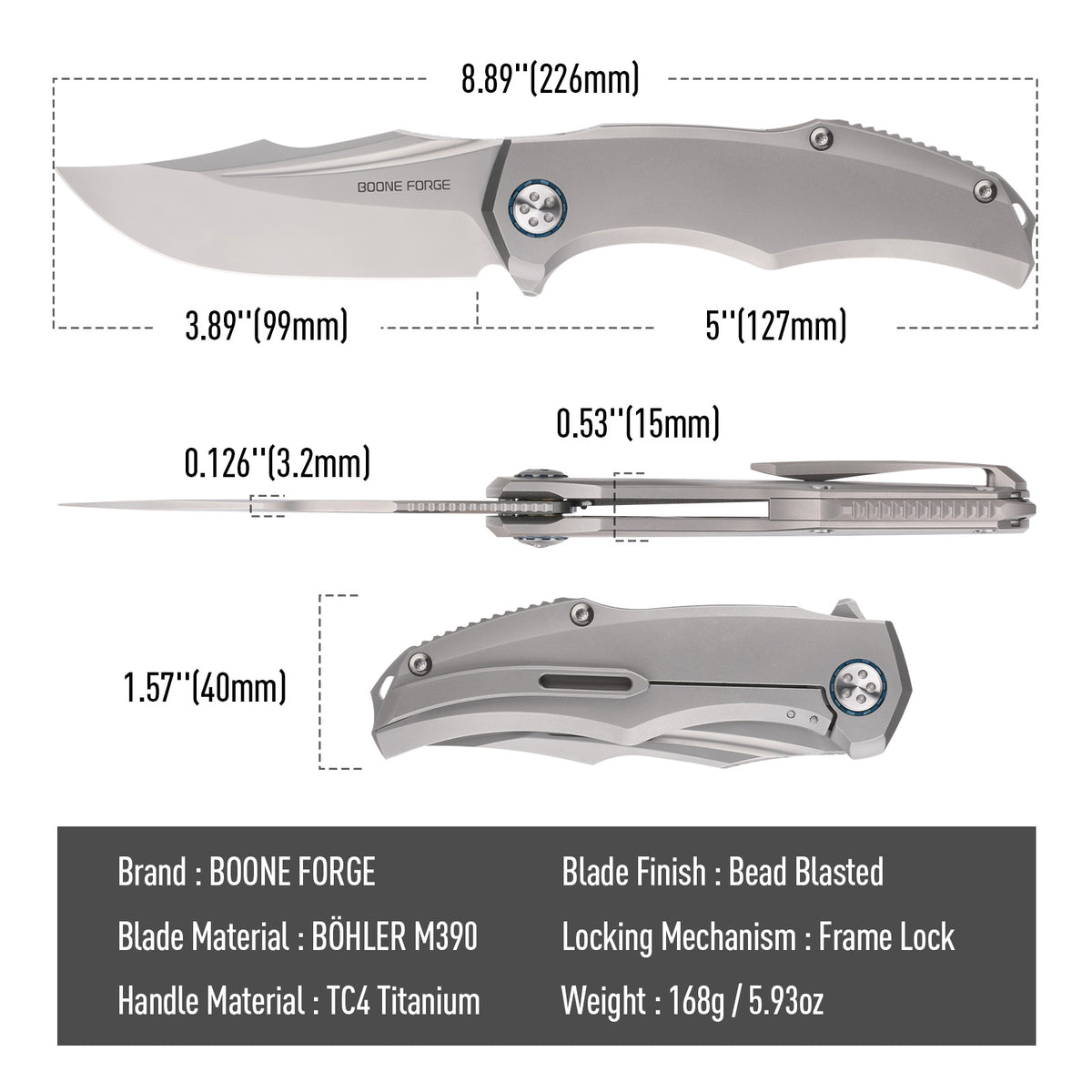 BOONEFORGE Doomsday Premium EDC Flipper knife ( 3.89'' Bead Blasted BÖHLER M390 Blade & Grey TC4 Titanium Handle ) - BF069