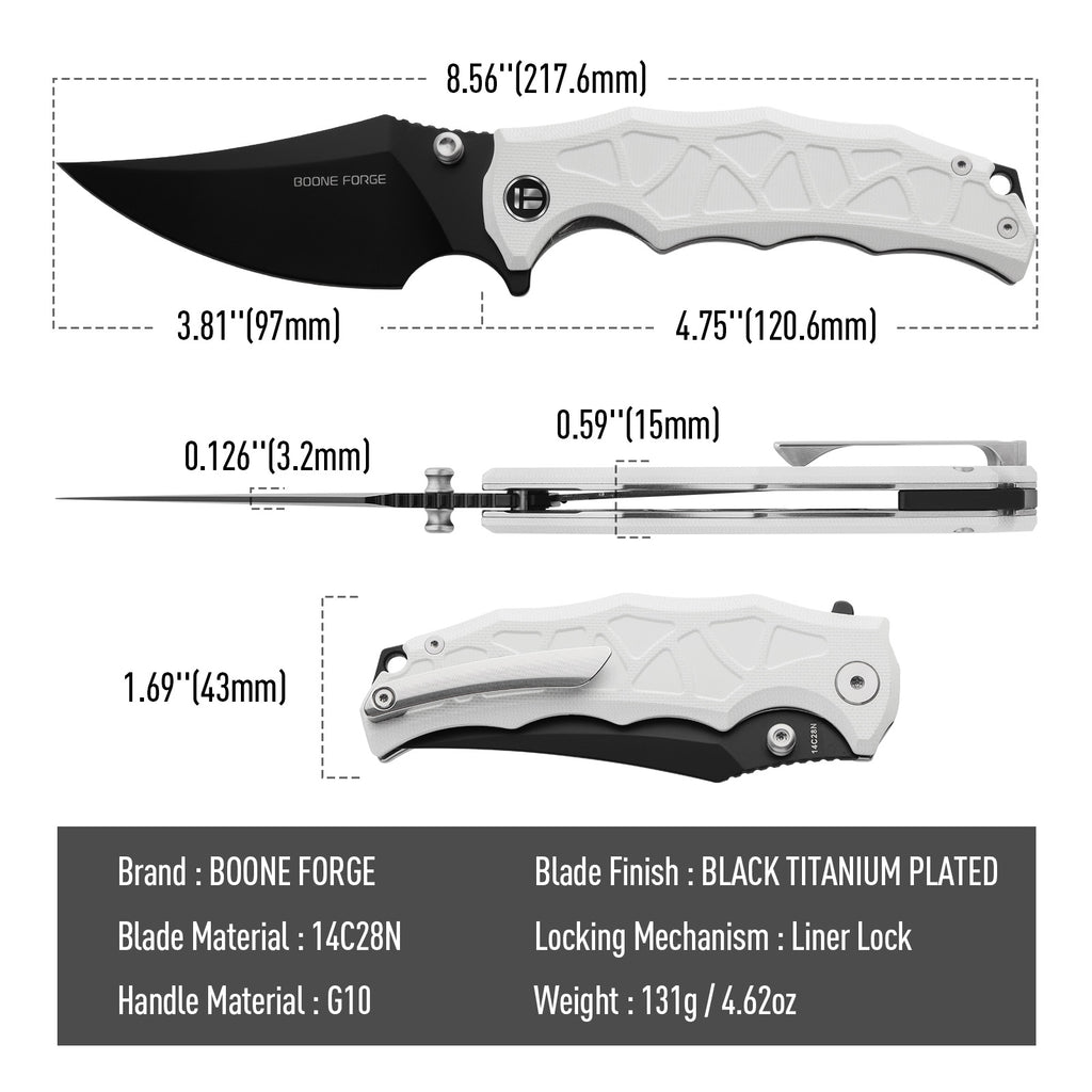 BOONEFORGE Ironstrider Premium EDC Fliper & Thumb Stud knife(3.81'' Black Titanium Plated 14C28N Blade & White G10 Handle ) - BF013A