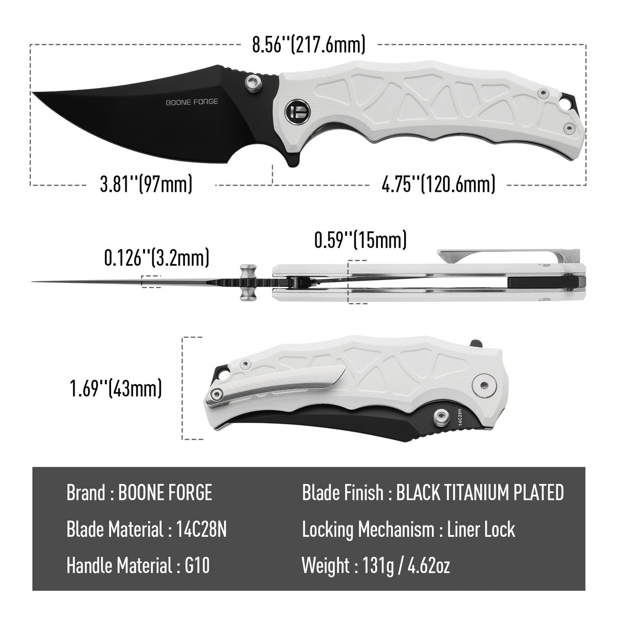 BOONEFORGE Ironstrider Premium EDC Fliper & Thumb Stud knife(3.81'' Black Titanium Plated 14C28N Blade & White G10 Handle ) - BF013A