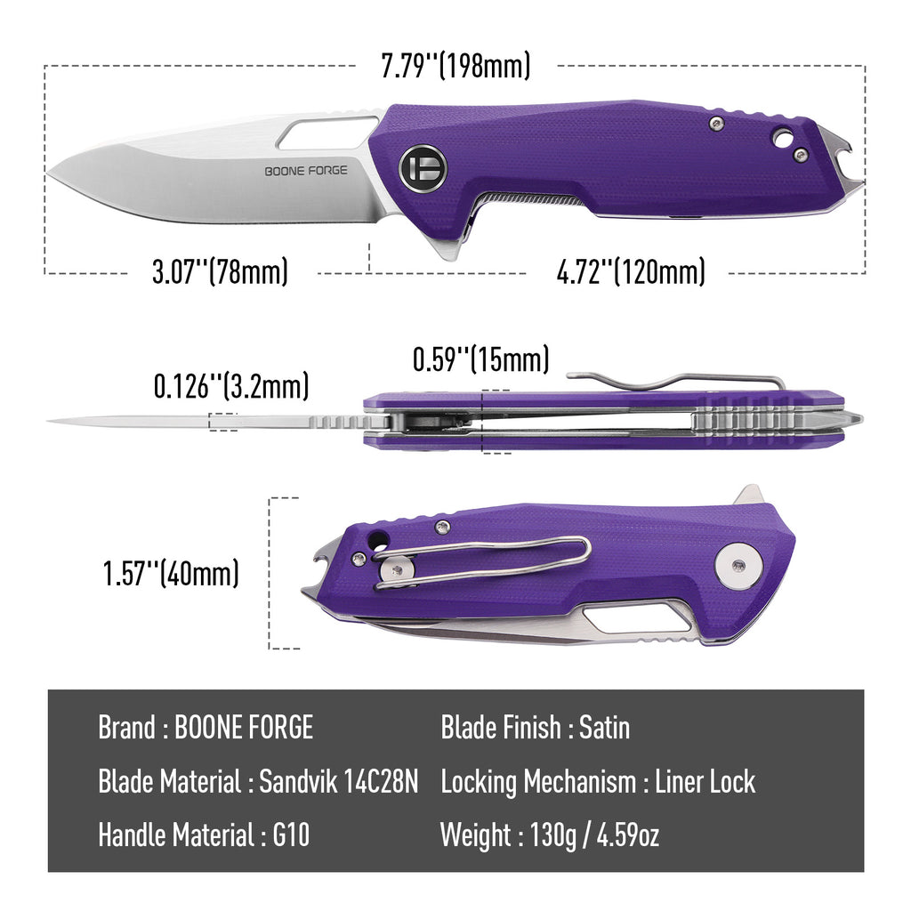 BOONEFORGE Berserker Premium EDC Flipper & Thumb hole knife( 3.07'' Satin Sandvik 14C28N Blade & Purple G10 Handle ) - BF072