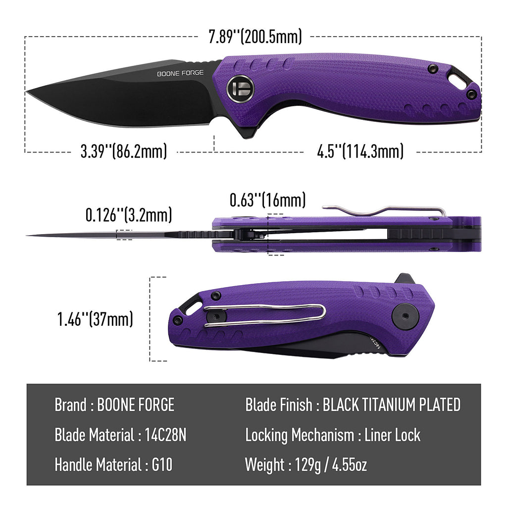 BOONEFORGE Nightvein Premium EDC Flipper knife (3.39'' Black Titanium Plated 14C28N Blade & Purple G10 Handle) - BF011