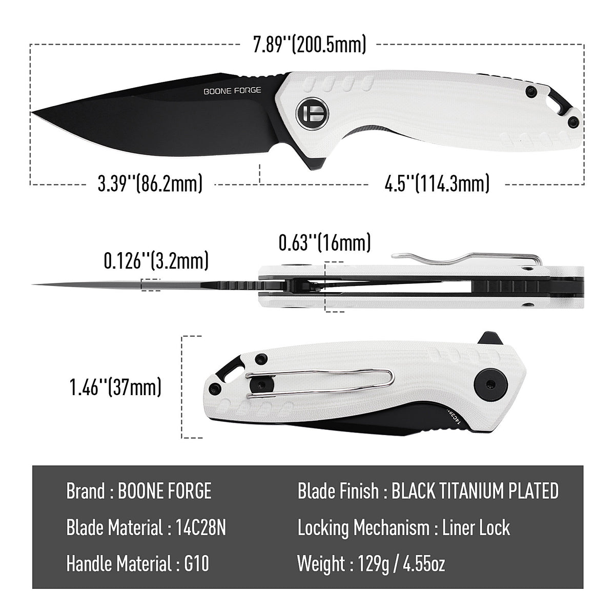 BOONEFORGE Nightvein Premium EDC Flipper knife (3.39'' Black Titanium Plated 14C28N Blade & White G10 Handle) - BF011