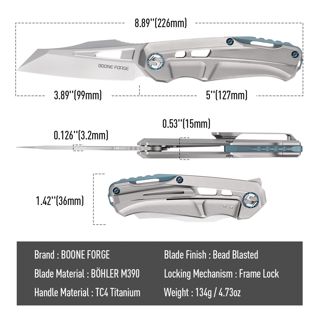 BOONEFORGE Reaper Premium EDC Flipper knife  ( 3.43'' Bead Blasted BÖHLER M390 Blade & Grey TC4 Titanium Handle ) - BF070