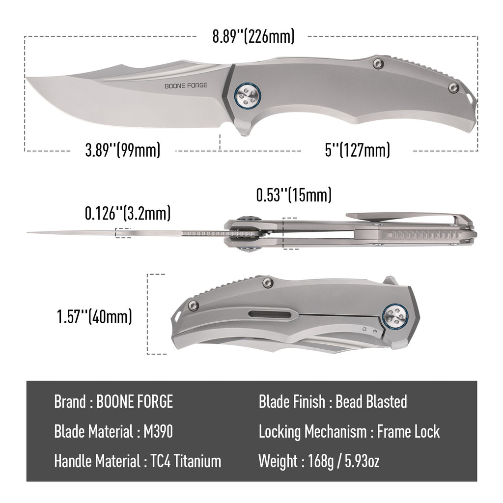 BOONEFORGE Doomsday Premium EDC Flipper knife ( 3.89'' Bead Blasted M390 Blade & Grey TC4 Titanium Handle ) - BF069