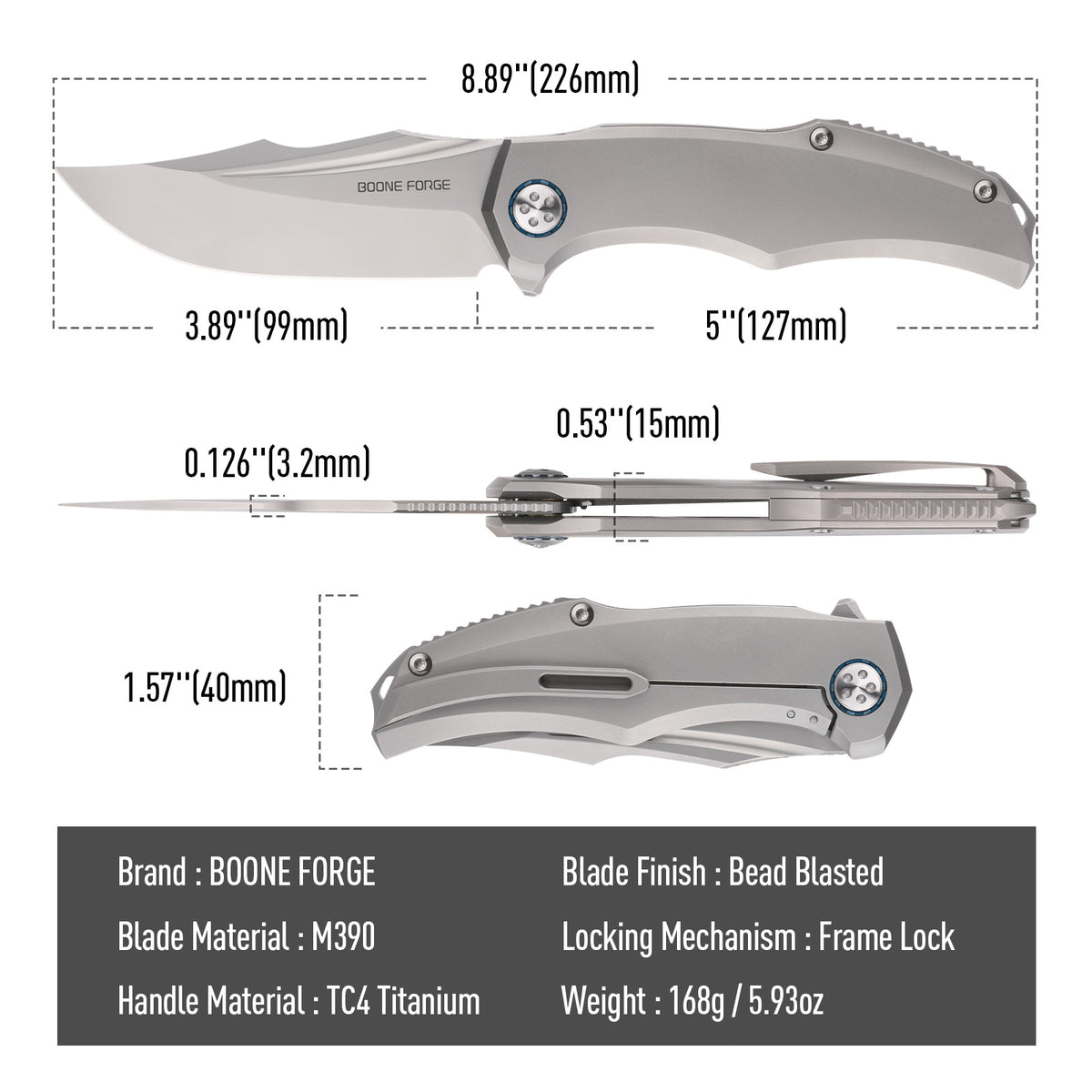 BOONEFORGE Doomsday Premium EDC Flipper knife ( 3.89'' Bead Blasted M390 Blade & Grey TC4 Titanium Handle ) - BF069