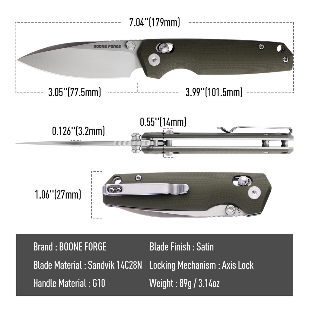 BOONEFORGE Darkedge Premium EDC Crossbar knife ( 3.05'' Satin Sandvik 14C28N Blade & Army green G10 Handle ) - BF900
