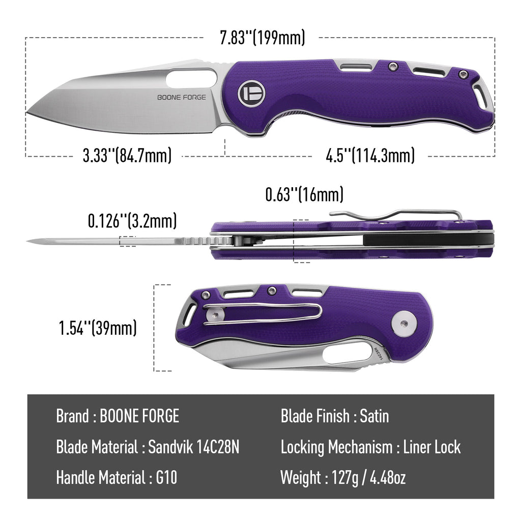 BOONEFORGE Warmark Premium EDC Manual thumb knife ( 3.33'' Satin Sandvik 14C28N Blade & Purple G10 Handle) - BF009