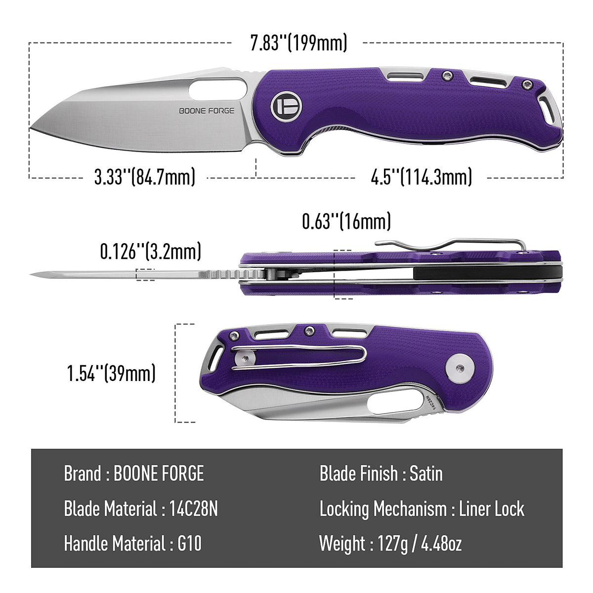 BOONEFORGE Warmark Premium EDC Manual thumb knife ( 3.33'' Satin 14C28N Blade & Purple G10 Handle) - BF009