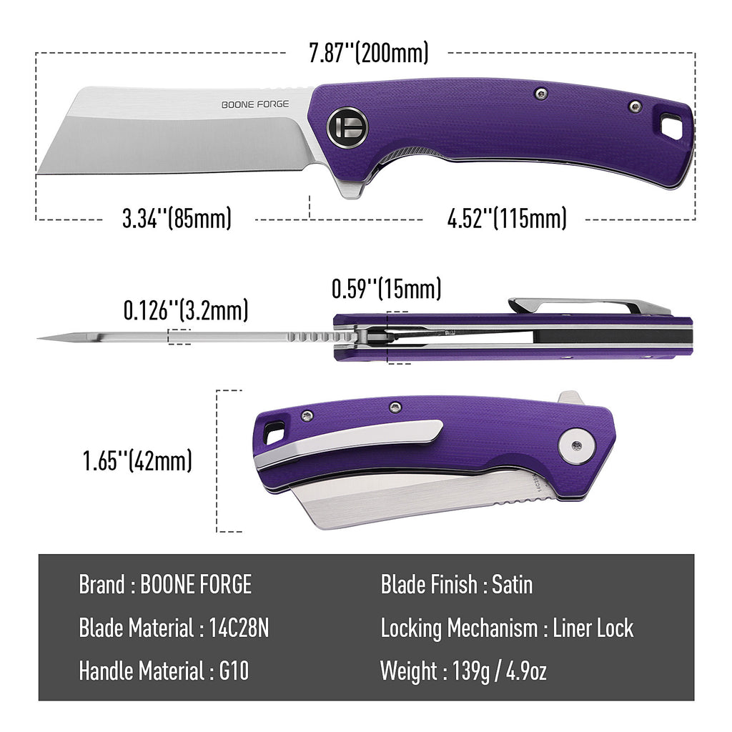 BOONEFORGE Breaker Premium EDC Flipper knife ( 3.34'' Satin 14C28N Blade & Purple G10 Handle ) - BF903
