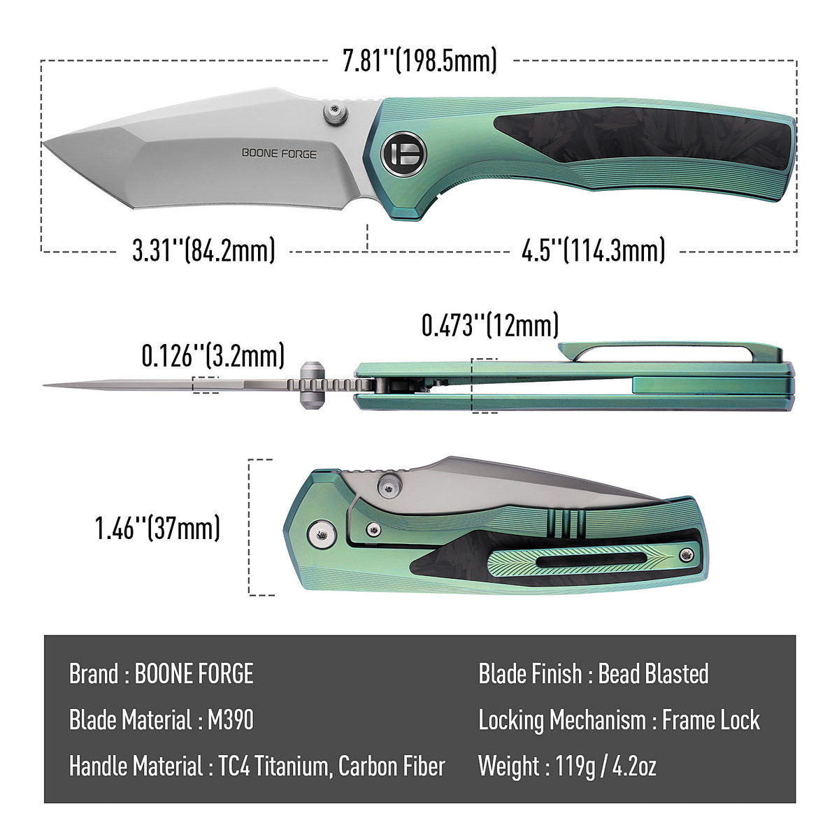[PRE‑ORDER]BOONEFORGE Bloodfang Premium EDC Thumb stud knife ( 3.41" Bead Blasted M390 Blade & Grey TC4 Titanium/Carbon Fiber Handle) - BF007