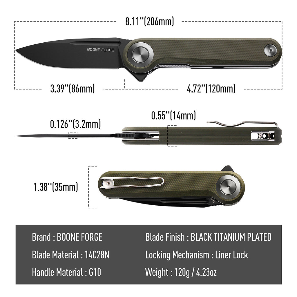 BOONEFORGE Ironjudge Premium EDC Flipper knife ( 3.39'' Black Titanium Plated 14C28N Blade & Army green G10 Handle ) - BF905