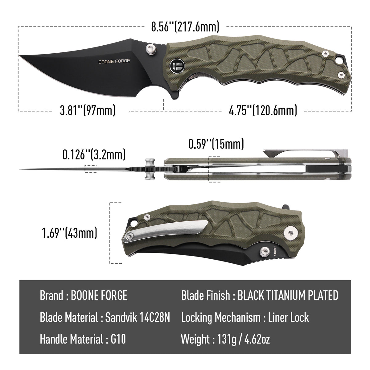 BOONEFORGE Ironstrider Premium EDC Fliper & Thumb Stud knife(3.81'' Black Titanium Plated Sandvik 14C28N Blade & Army green G10 Handle ) - BF013A