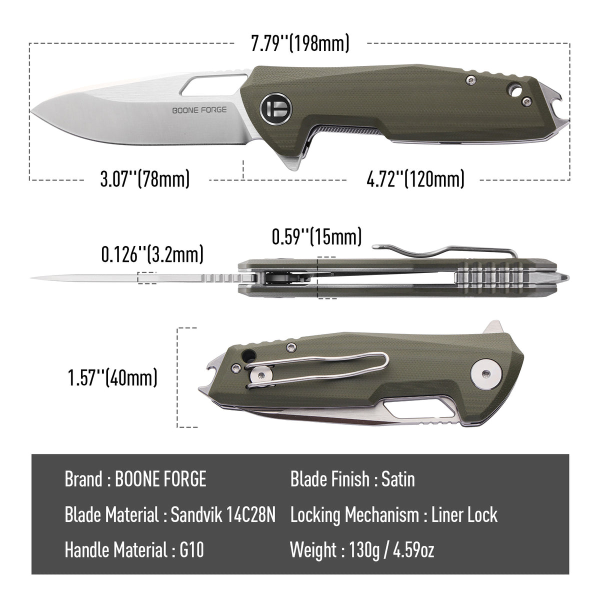 BOONEFORGE Berserker Premium EDC Flipper & Thumb hole knife( 3.07'' Satin Sandvik 14C28N Blade & Army green G10 Handle ) - BF072