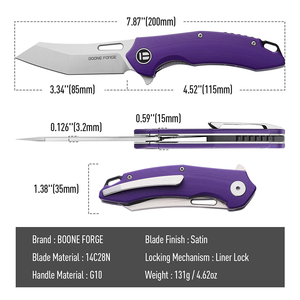BOONEFORGE Sentinel Premium EDC Flipper & Thumb hole knife ( 3.34'' Satin 14C28N Blade & Purple G10 Handle ) - BF904