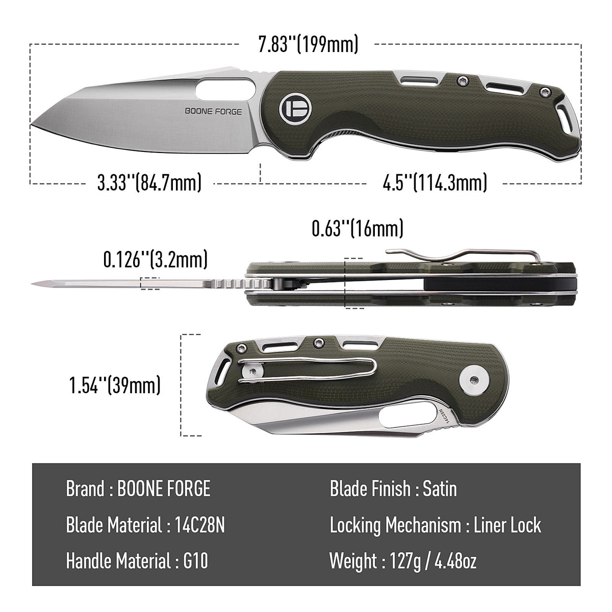 BOONEFORGE Warmark Premium EDC Manual thumb knife ( 3.33'' Satin 14C28N Blade & Army green G10 Handle) - BF009