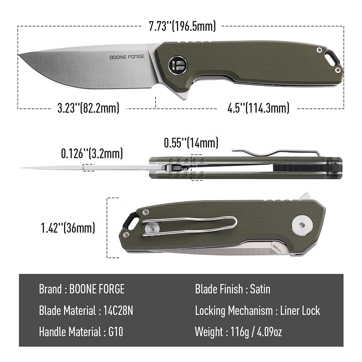BOONEFORGE Steelwrath Premium EDC Flipper knife ( 3.23'' Satin 14C28N Blade & Army green G10 Handle) - BF010