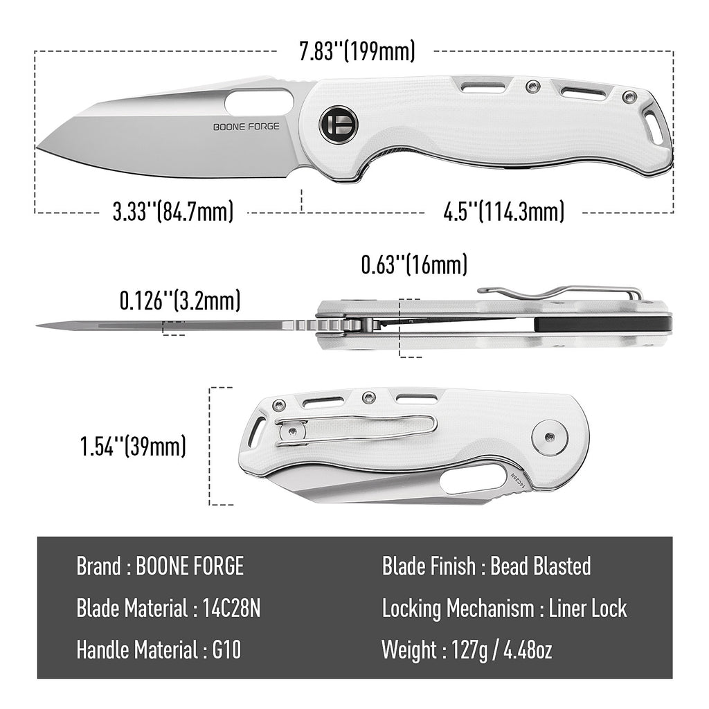 BOONEFORGE Warmark Premium EDC Manual thumb knife ( 3.33'' Bead Blasted 14C28N Blade & White G10 Handle) - BF009
