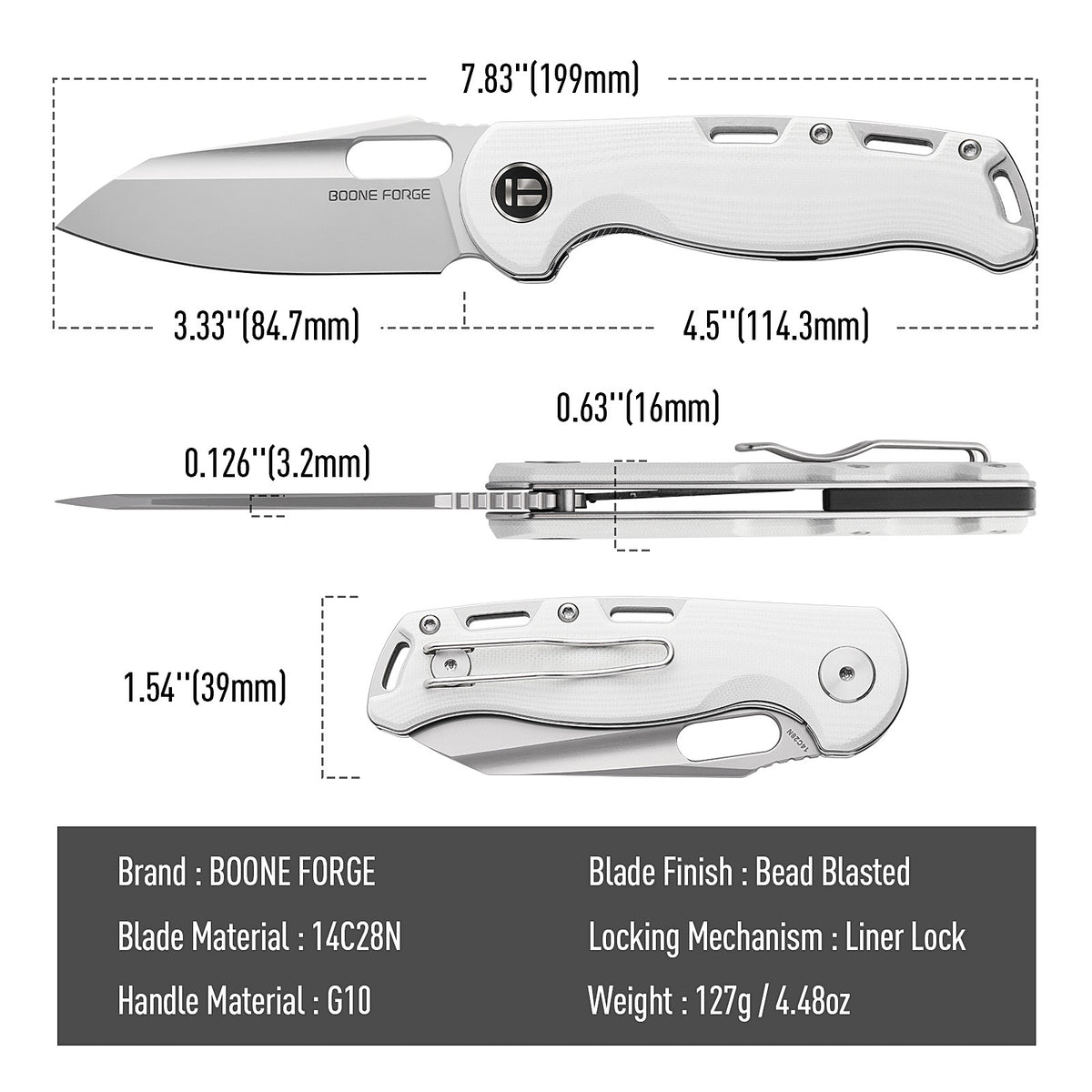 BOONEFORGE Warmark Premium EDC Manual thumb knife ( 3.33'' Bead Blasted 14C28N Blade & White G10 Handle) - BF009