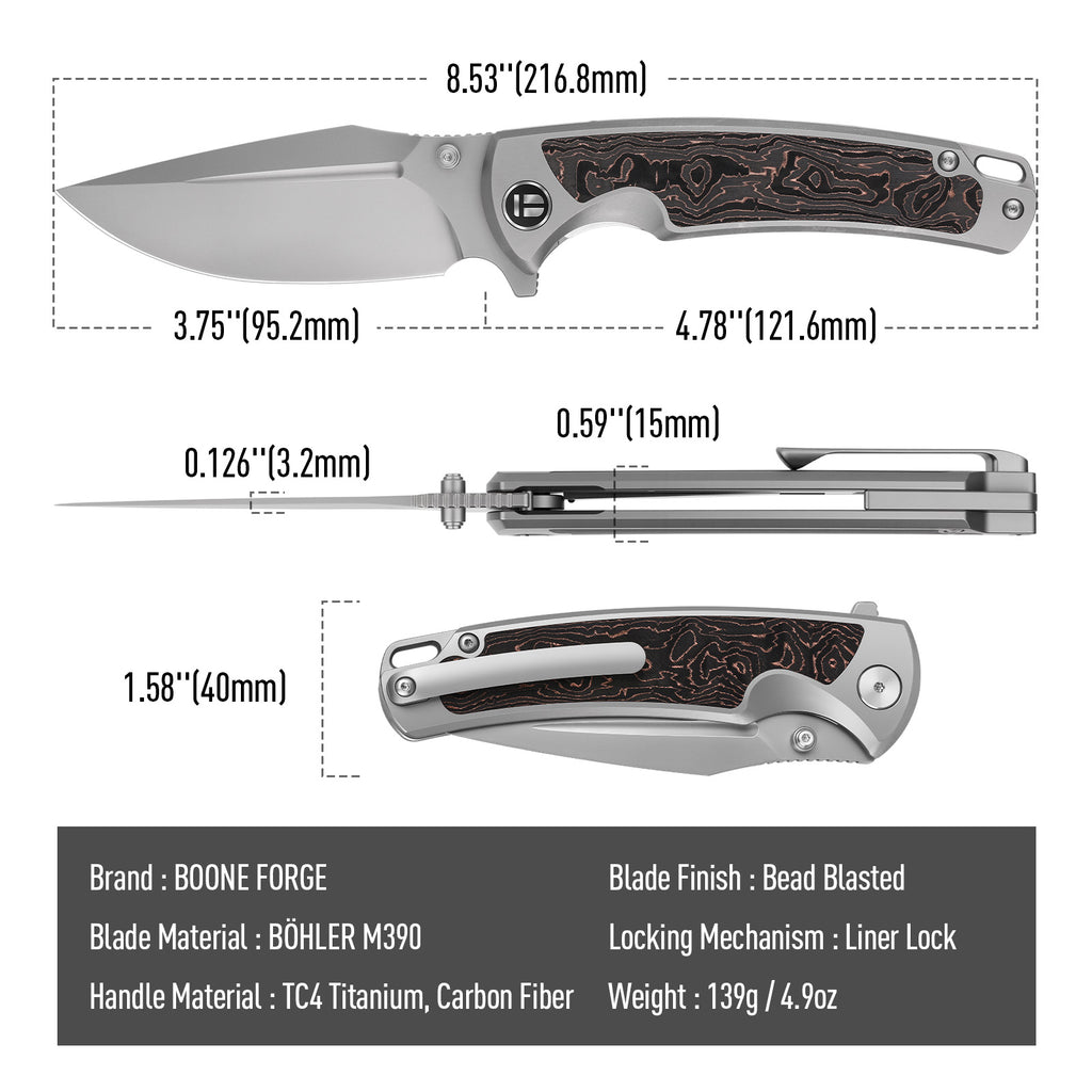 BOONEFORGE Thunderstrike Premium EDC Fliper & Thumb Stud knife( 3.75'' Bead Blasted BÖHLER M390 Blade & Grey TC4 Titanium Handle ) - BF052