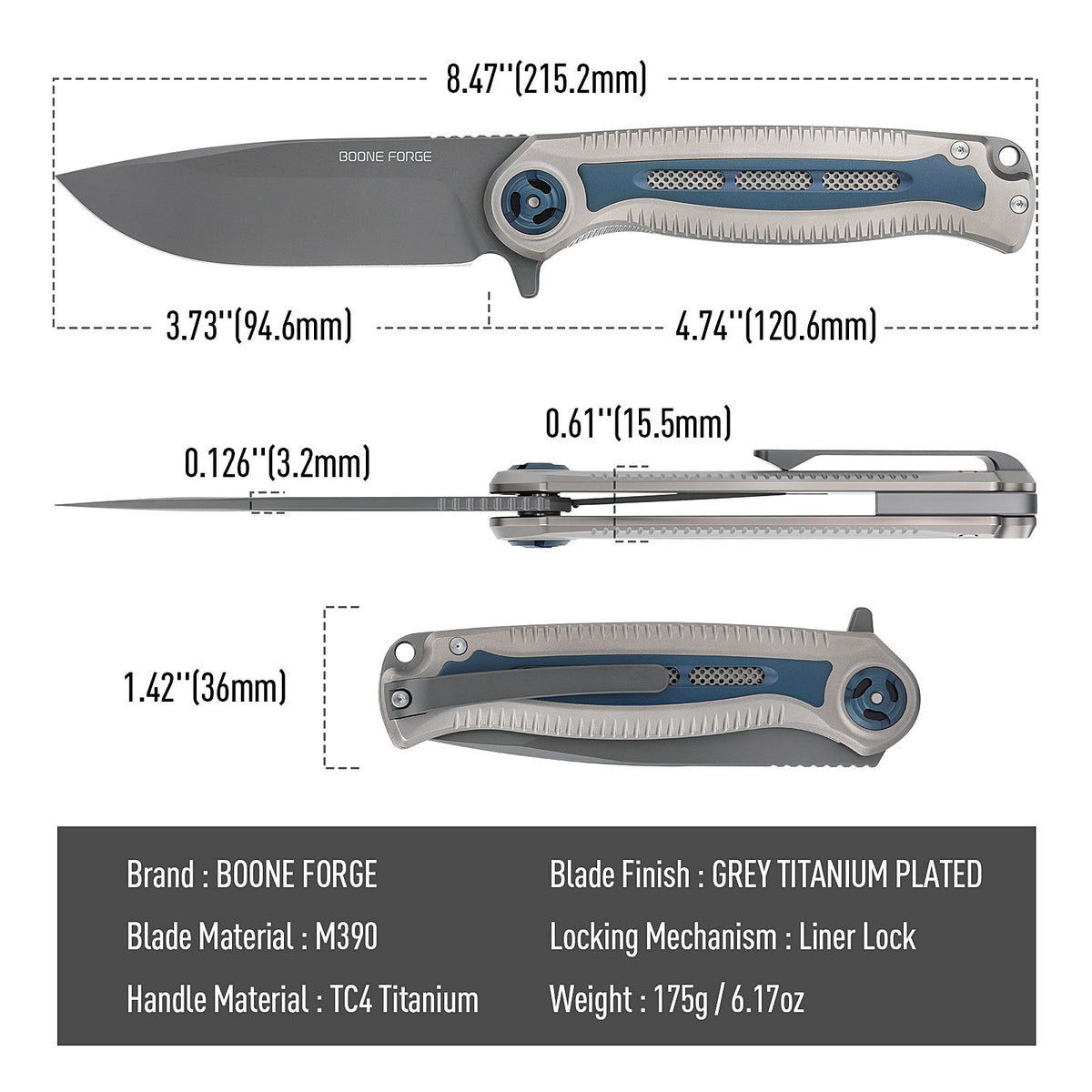 [PRE‑ORDER]BOONEFORGE Wildblade Premium EDC Flipper knife  ( 3.73'' Grey Titanium Plated M390 Blade & Grey TC4 Titanium Handle ) - BF050